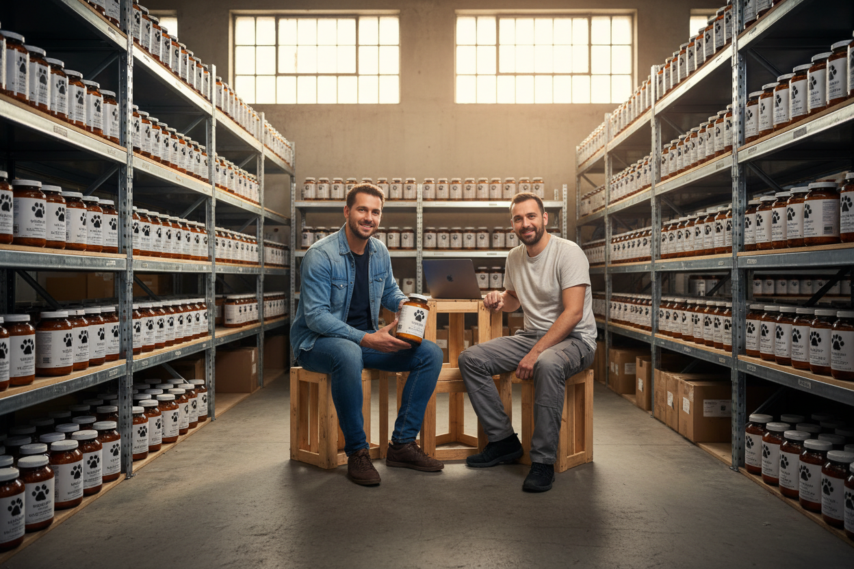 ich tobias joos und mein business partner dimitrije kovacici sitzen in unserem lagerraum umgeben von unseren produkten hunde supplements dosen amber farben. es sieht aus wie in einer startup lagerrgarage mit regalen usw